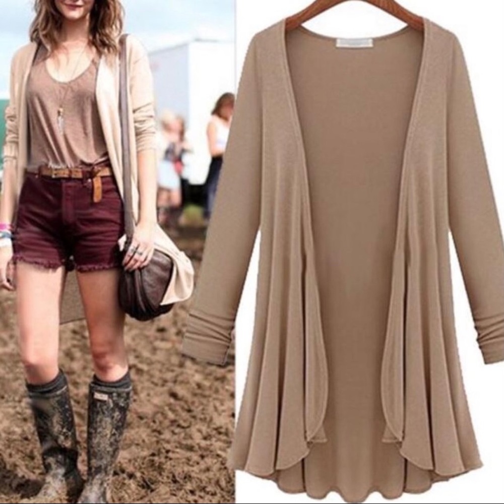 Open front basic lightweight khaki cardigan kimono - Picture 2 of 13
